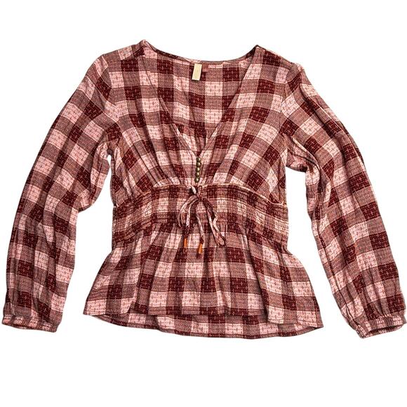 PILCRO Anthropologie Red Motif Plaid Smocked Blouse - Picture 4 of 10